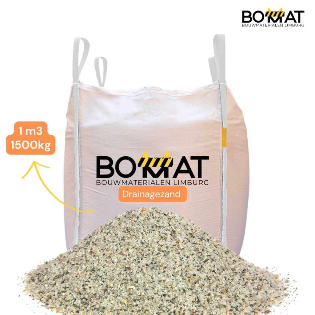 Drainagezand Big Bag (1 m³ – 1500 kg) – Hoogwaardig zand voor waterdoorlatende toepassingen en funderingen.