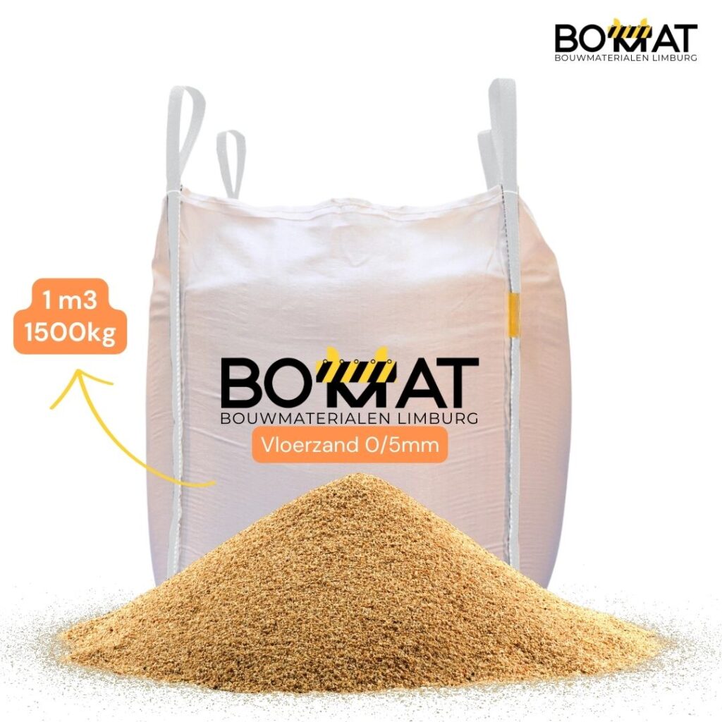 Vloerzand 0-5 mm Big Bag (1 m³ – 1500 kg) – Hoogwaardig zand voor cementdekvloeren en betonvloeren.