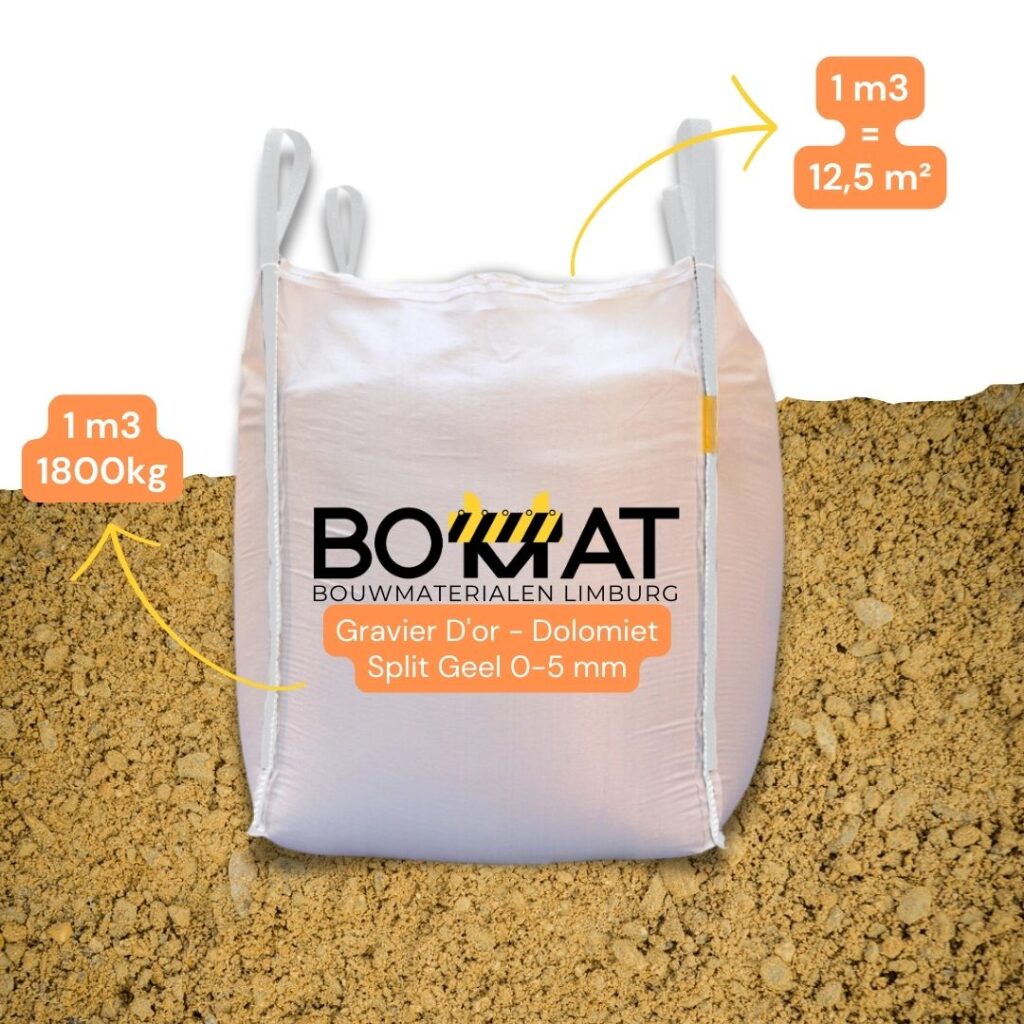 Dolomiet Split 0-5mm in luxe parkgoud kleur – ideaal voor opritten, tuinpaden & petanquebanen. Bestel online per big bag. Levering op locatie of afhalen mogelijk!