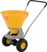 Cemo SW35-C strooiwagen 35L geel met luchtbanden – ideaal voor strooizout en split op middelgrote oppervlakken