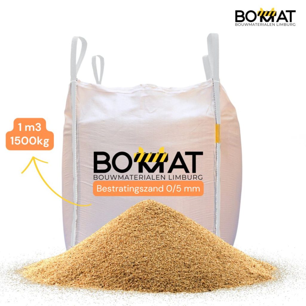 Big bag bestratingszand 0/5 mm met inhoud 1 kubieke meter, geschikt voor circa 20 m² bestrating bij 5 cm dikte.
