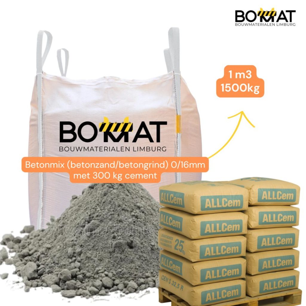 ompleet betonpakket: 1m³ betonmengsel 0/16 mm in big bag + 12 losse zakken cement (300 kg). Alleen mengen en water toevoegen. Geen losse bestellingen nodig. Focus Keyword: Kant-en-klaar beton big bag