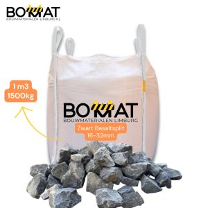 Zwart basaltsplit 16–32 mm in big bag van 1m³ (1500 kg). Grof siergrind voor tuin, oprit of erf. Kleurvast, drukvast en decoratief. Levering via BOMAT Limburg.