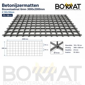 Betonijzermatten Bouwstaalmat 6mm 3000x2000mm # 150x150mm PS-188-A Bouwmaterialen Limburg BOMAT BV