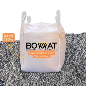 Hoogwaardige Granodioriet 0-8 mm van Noors graniet geleverd in een Bigbag van 1500 kg. Geschikt voor halfverhardingen, tuinpaden, opritten en erfverhardingen dankzij de hoge slijtvastheid en natuurlijke uitstraling.