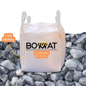 Hoogwaardig Icy Bleusplit 8-16 mm geleverd in een Bigbag van 1 m³ (1500 kg). Geschikt voor opritten, tuinpaden, siertuinen, erfverharding en decoratieve toepassingen dankzij de unieke blauwgrijze kleur en hoge slijtvastheid.