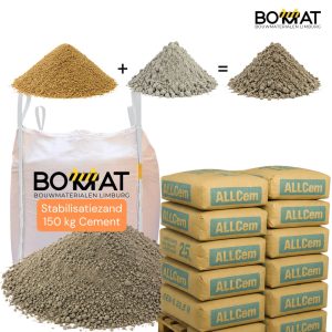 stabilisatiezand met 150 kg cement per m³. Waterdoorlatend zand-cement mengsel voor een stabiele ondergrond onder keramische terrastegels, natuursteen, klinkers en bestrating. Inclusief losse cementzakken van 25 kg.