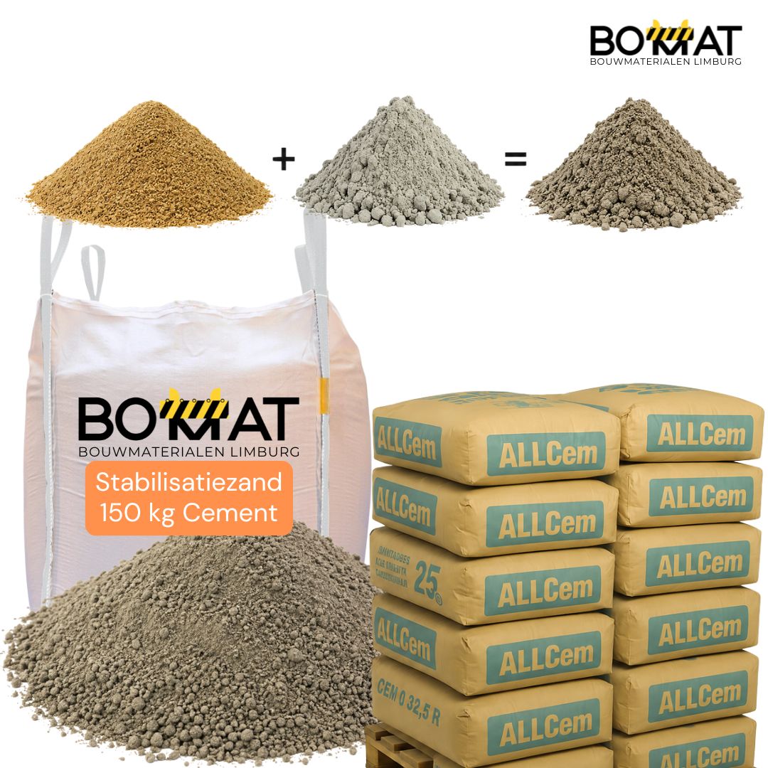 stabilisatiezand met 150 kg cement per m³. Waterdoorlatend zand-cement mengsel voor een stabiele ondergrond onder keramische terrastegels, natuursteen, klinkers en bestrating. Inclusief losse cementzakken van 25 kg.