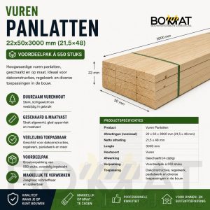 Vuren Panlatten 22x50x3000 mm (21,5×48) – Voordeelpak á 550 Stuks — Bouwmaterialen Limburg BOMAT BV