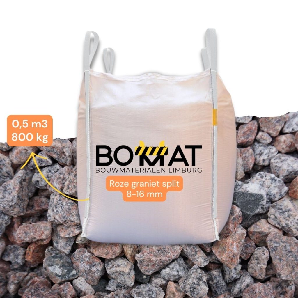 Hoogwaardig roze granietsplit 8-16mm in bigbag van 750 kg kopen? Ontdek de voordelen, toepassingen en scherpe prijzen bij Bomat. Snelle levering op locatie!